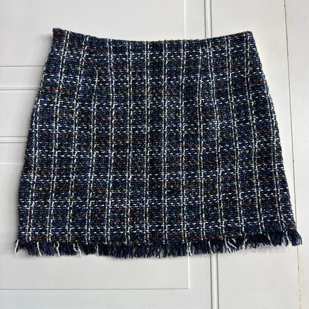 Lulus Women’s Sz Medium Navy Blue Tweed Lace Fringe Mini Skirt - Picture 6 of 7
